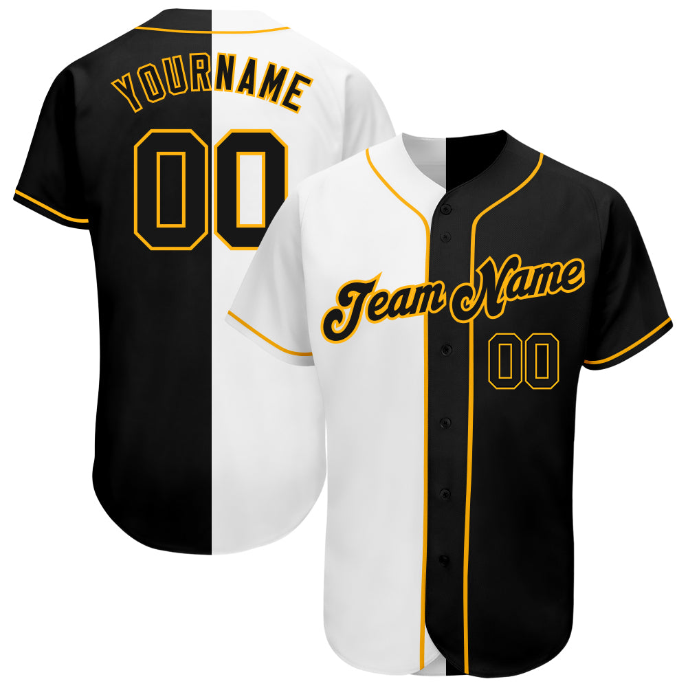 Custom White-Black Gold Authentic Split Fashion Baseball Jersey