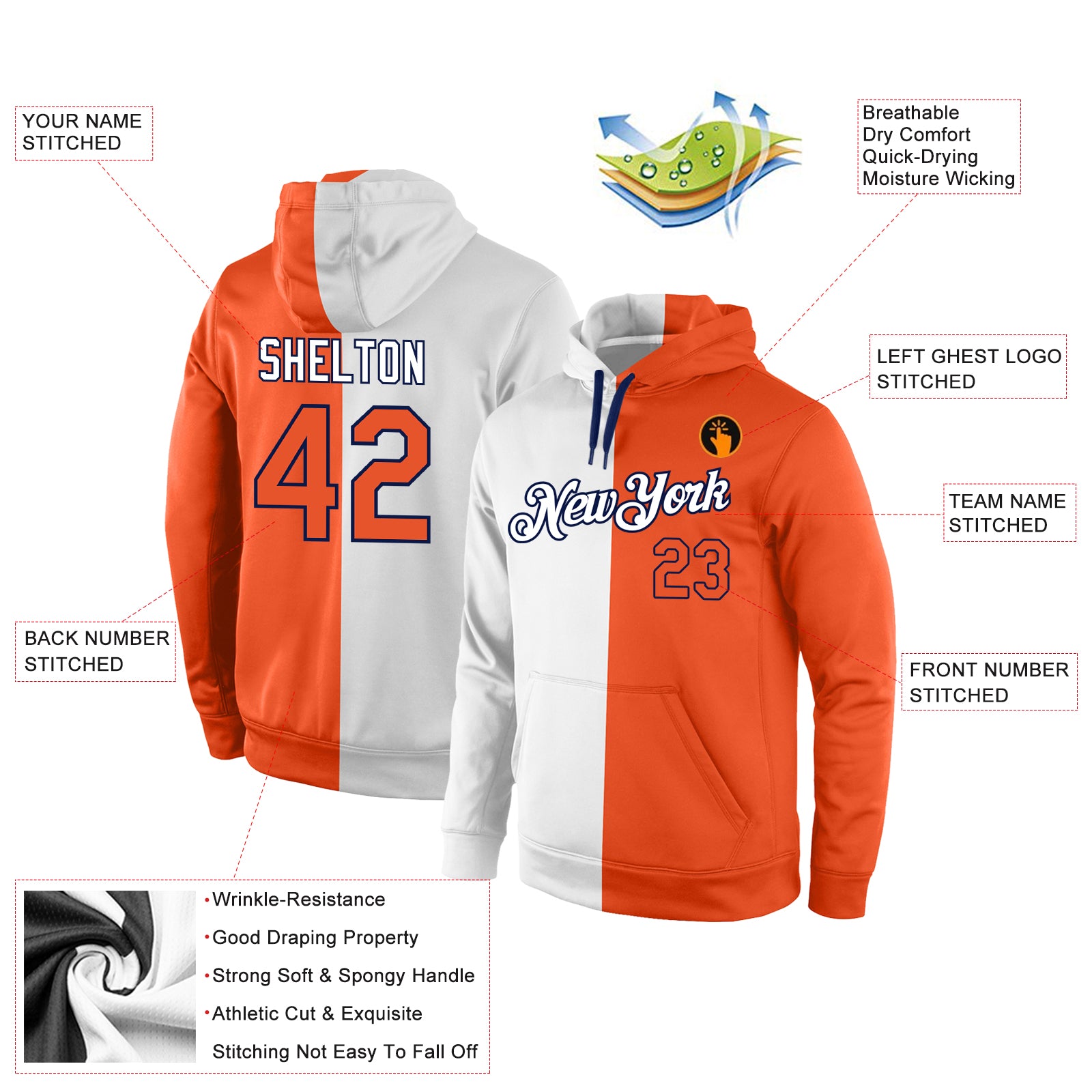 Custom Stitched White Orange-Navy Split Fashion Sports Pullover Sweatshirt Hoodie