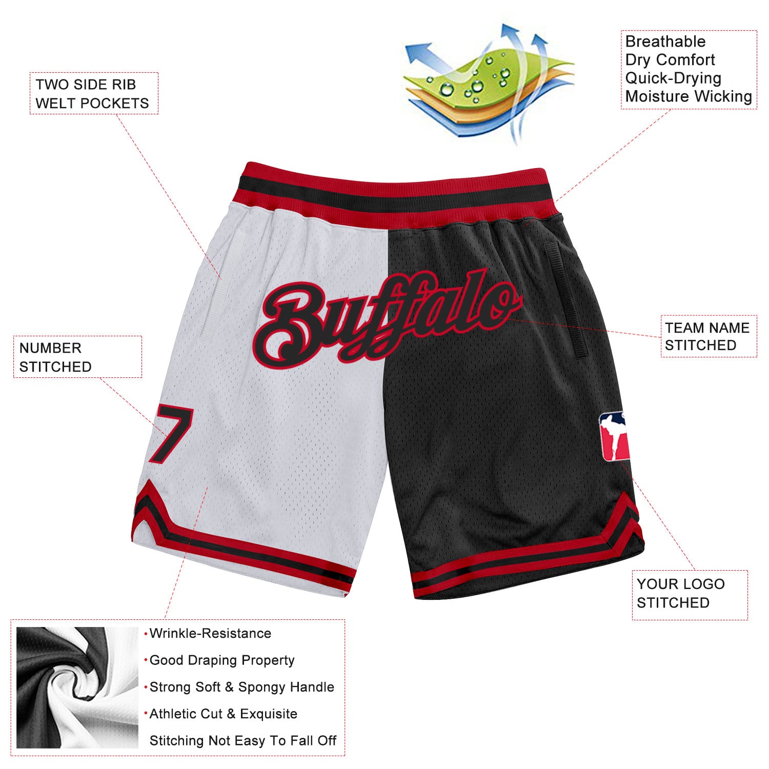 Custom White Black-Red Authentic Throwback Split Fashion Basketball Shorts