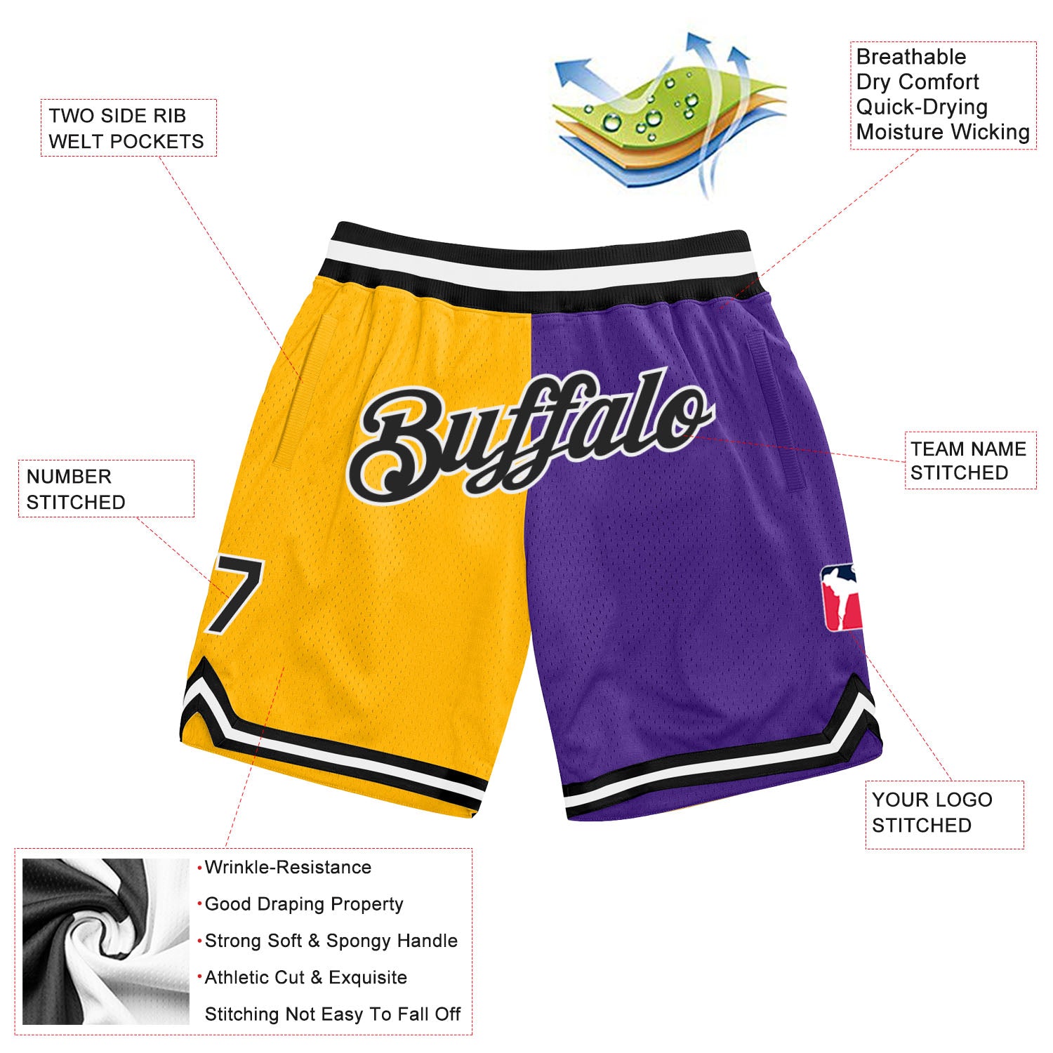 Custom Gold Black-Purple Authentic Throwback Split Fashion Basketball Shorts
