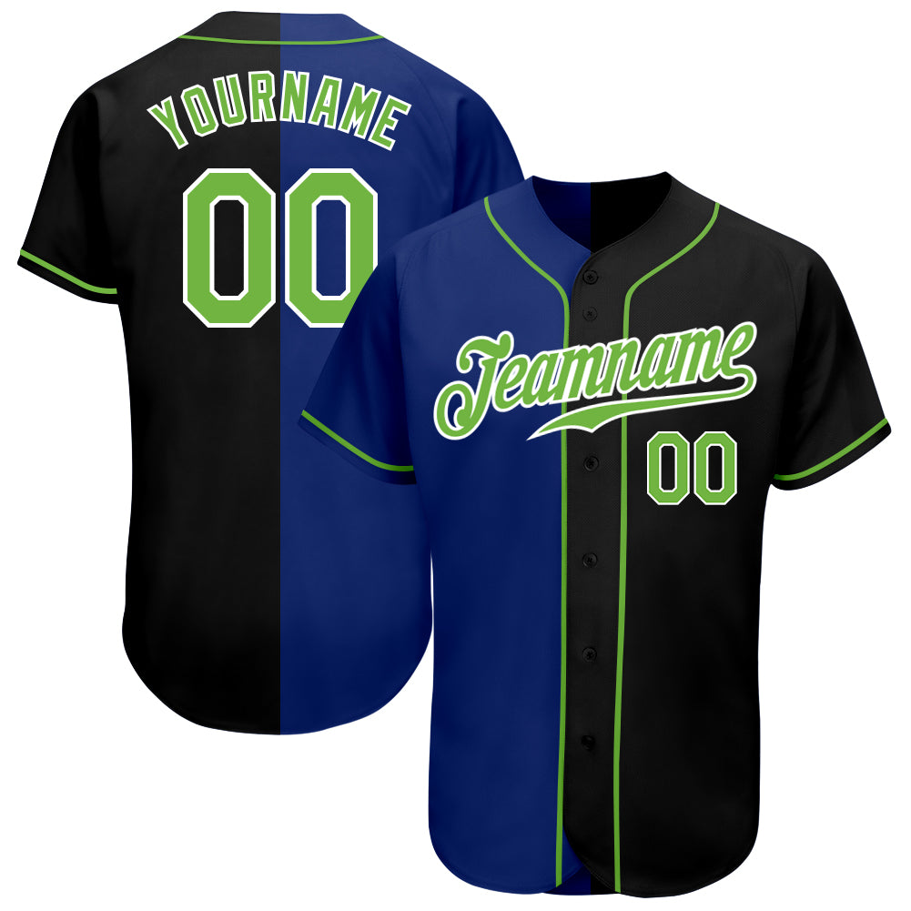 Custom Black Neon Green-Royal Authentic Split Fashion Baseball Jersey