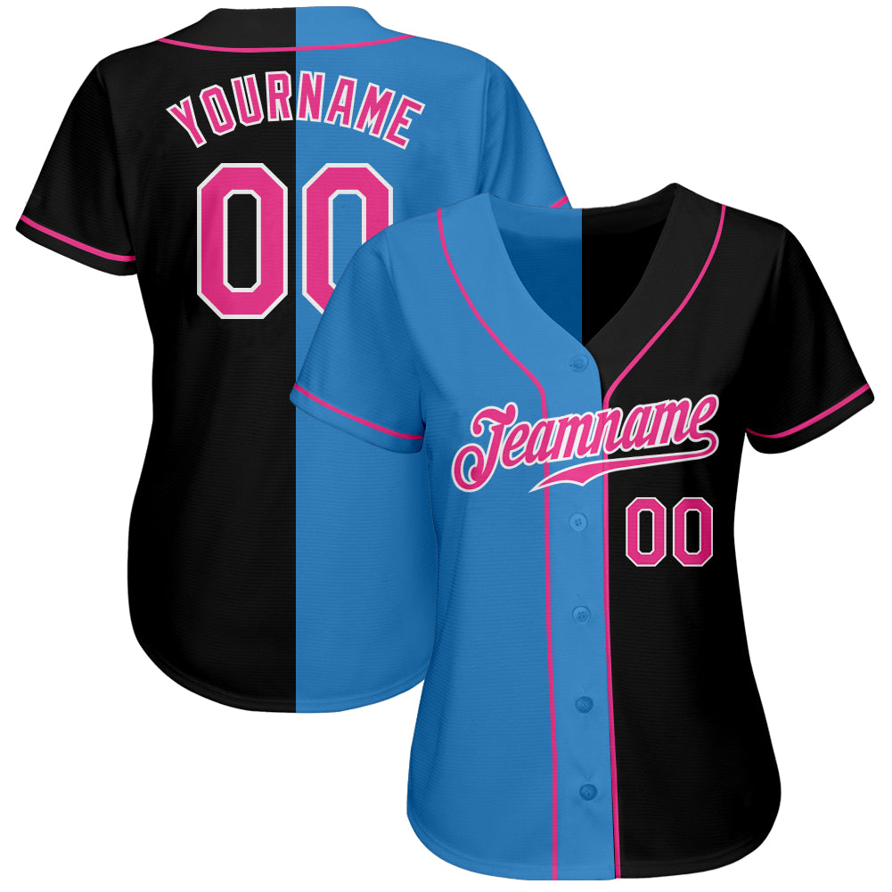 Custom Black Pink-Powder Blue Authentic Split Fashion Baseball Jersey