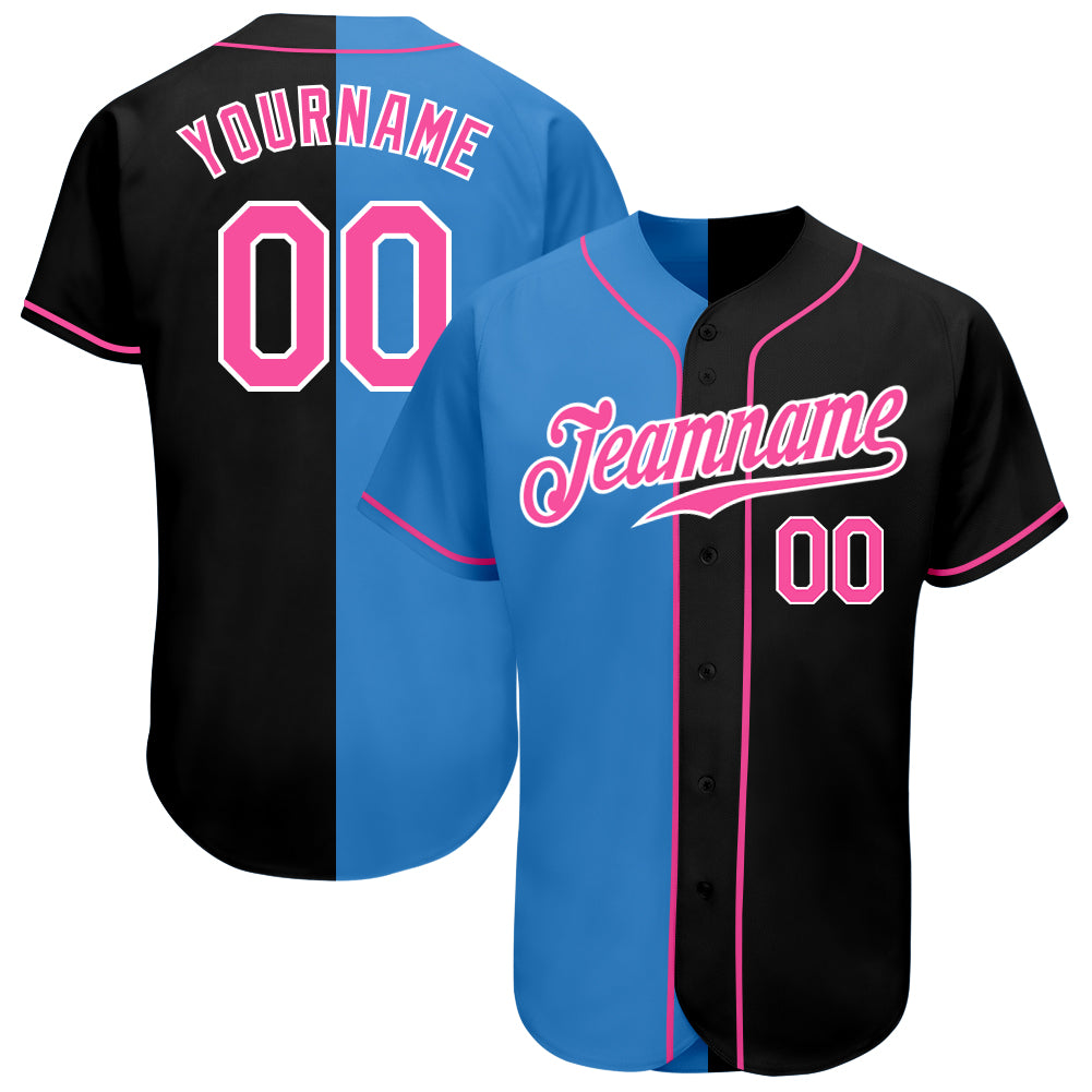 Custom Black Pink-Powder Blue Authentic Split Fashion Baseball Jersey