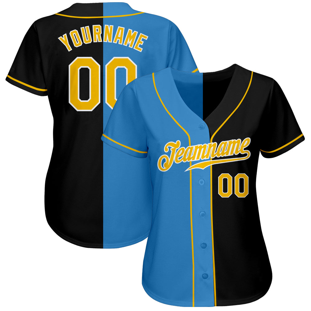 Custom Black Gold-Powder Blue Authentic Split Fashion Baseball Jersey