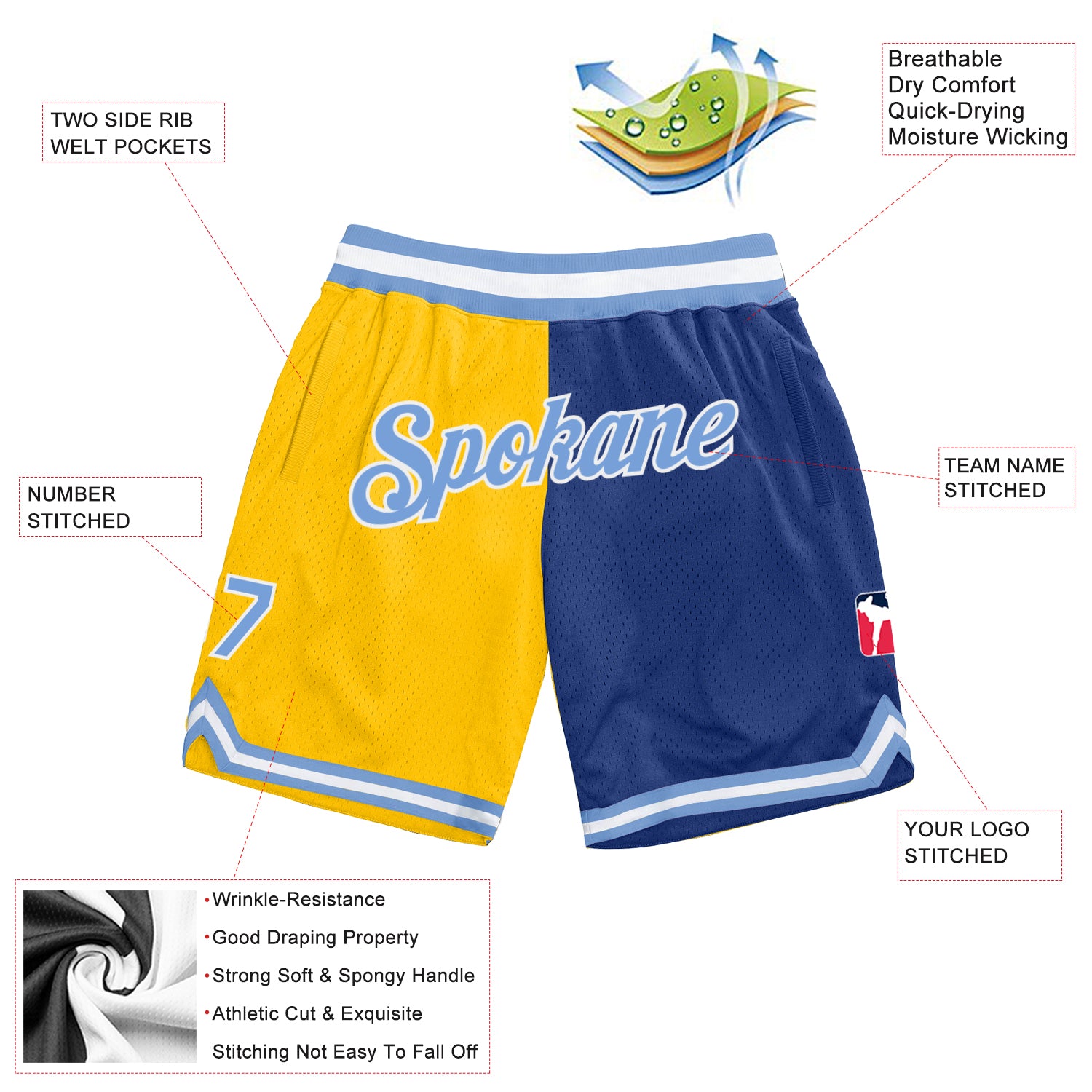 Custom Gold Light Blue-Royal Authentic Throwback Split Fashion Basketball Shorts