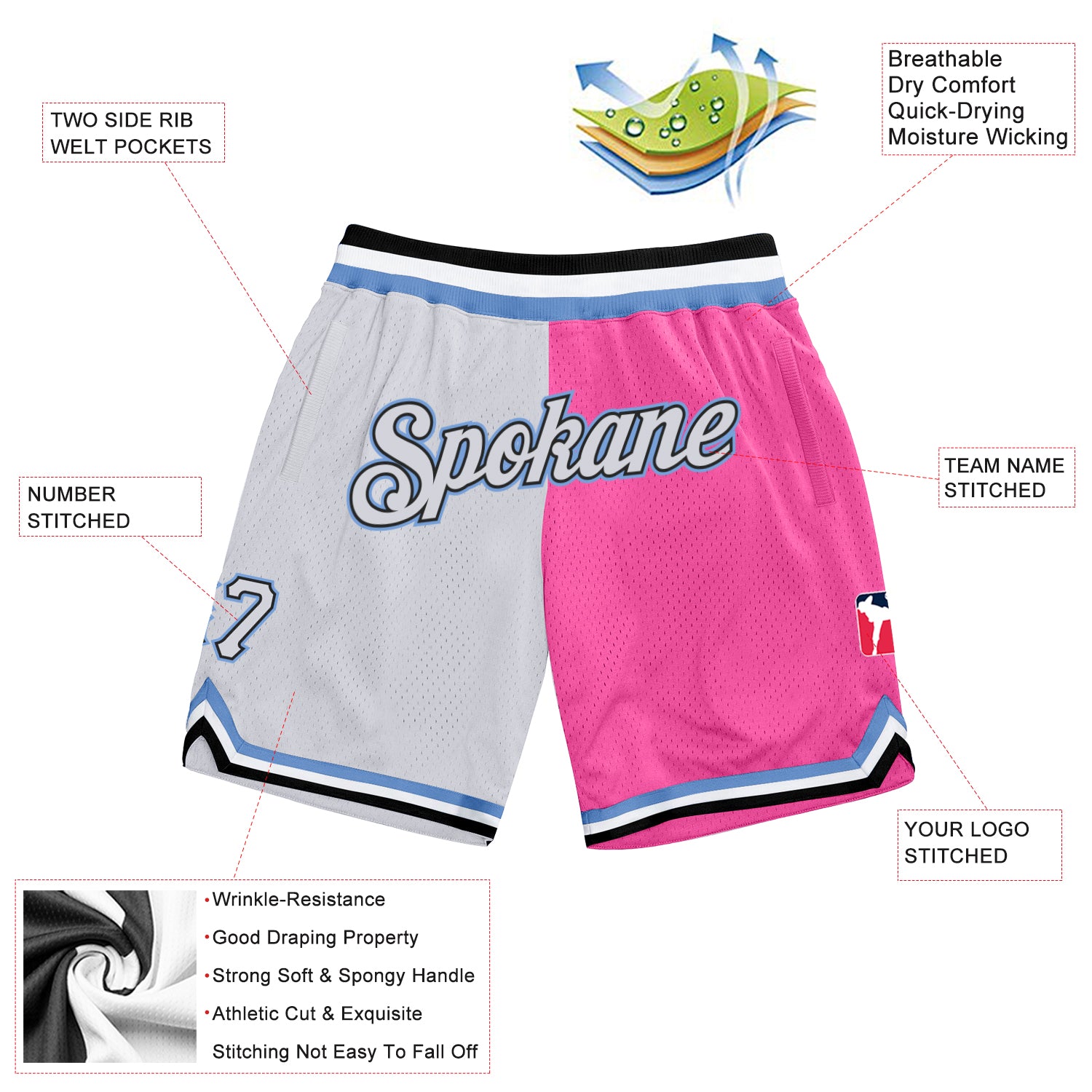 Custom Pink White-Light Blue Authentic Throwback Split Fashion Basketball Shorts