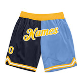 Custom Navy Gold-Light Blue Authentic Throwback Split Fashion Basketball Shorts