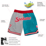 Custom Gray Red-Teal Authentic Throwback Split Fashion Basketball Shorts