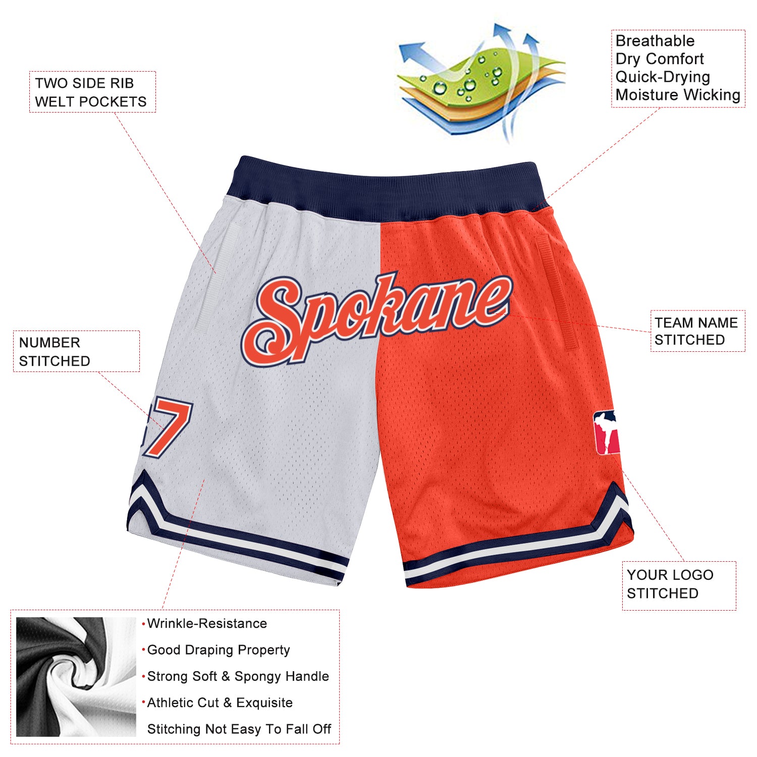 Custom White Orange-Navy Authentic Throwback Split Fashion Basketball Shorts