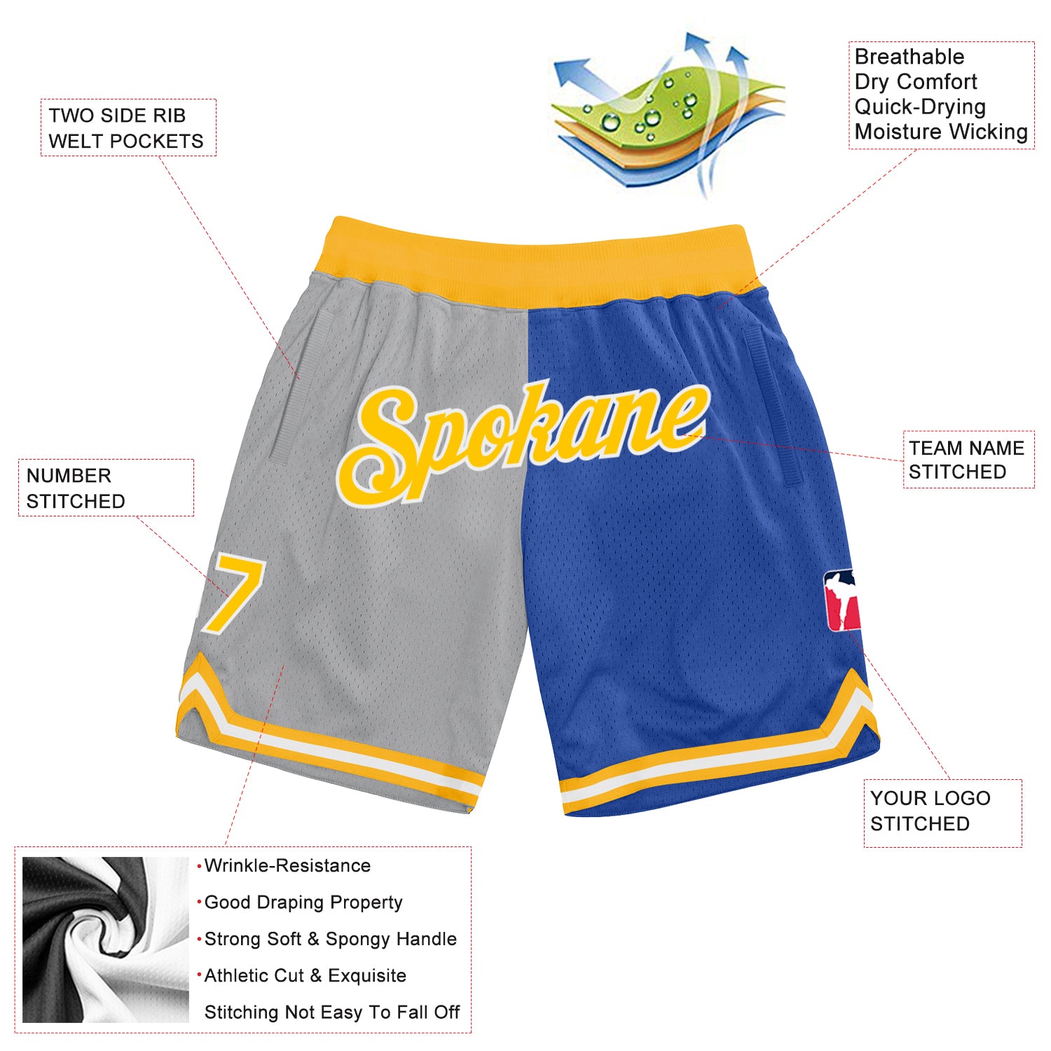 Custom Gray Gold-Blue Authentic Throwback Split Fashion Basketball Shorts