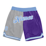 Custom Gray Light Blue-Purple Authentic Throwback Split Fashion Basketball Shorts