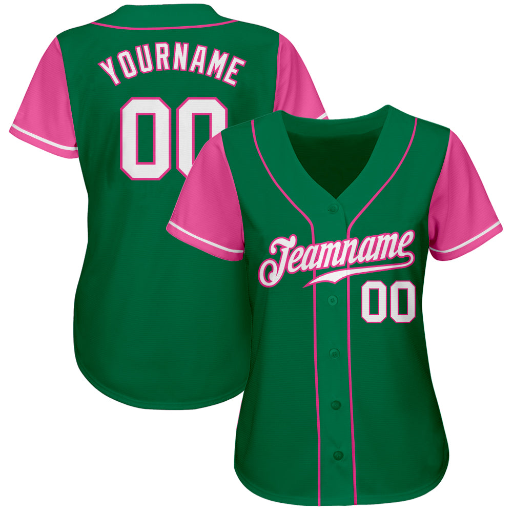 Custom Kelly Green White-Pink Authentic Two Tone Baseball Jersey