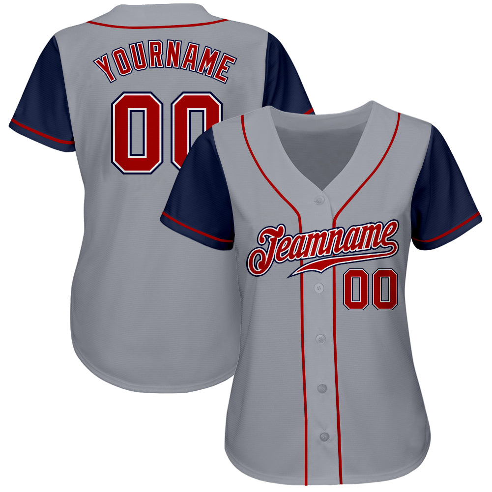 Custom Gray Red-Navy Authentic Two Tone Baseball Jersey