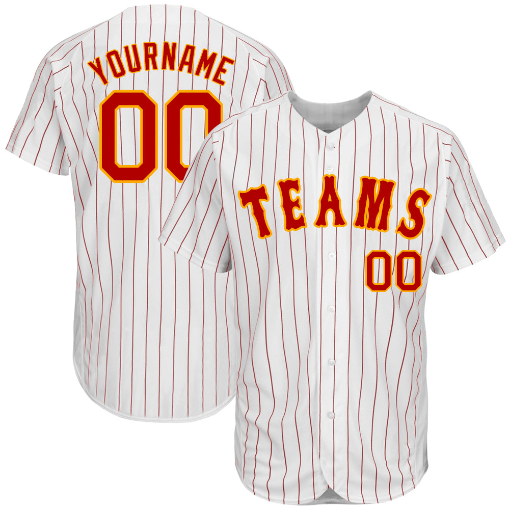 Custom White Red Pinstripe Red-Gold Authentic Baseball Jersey
