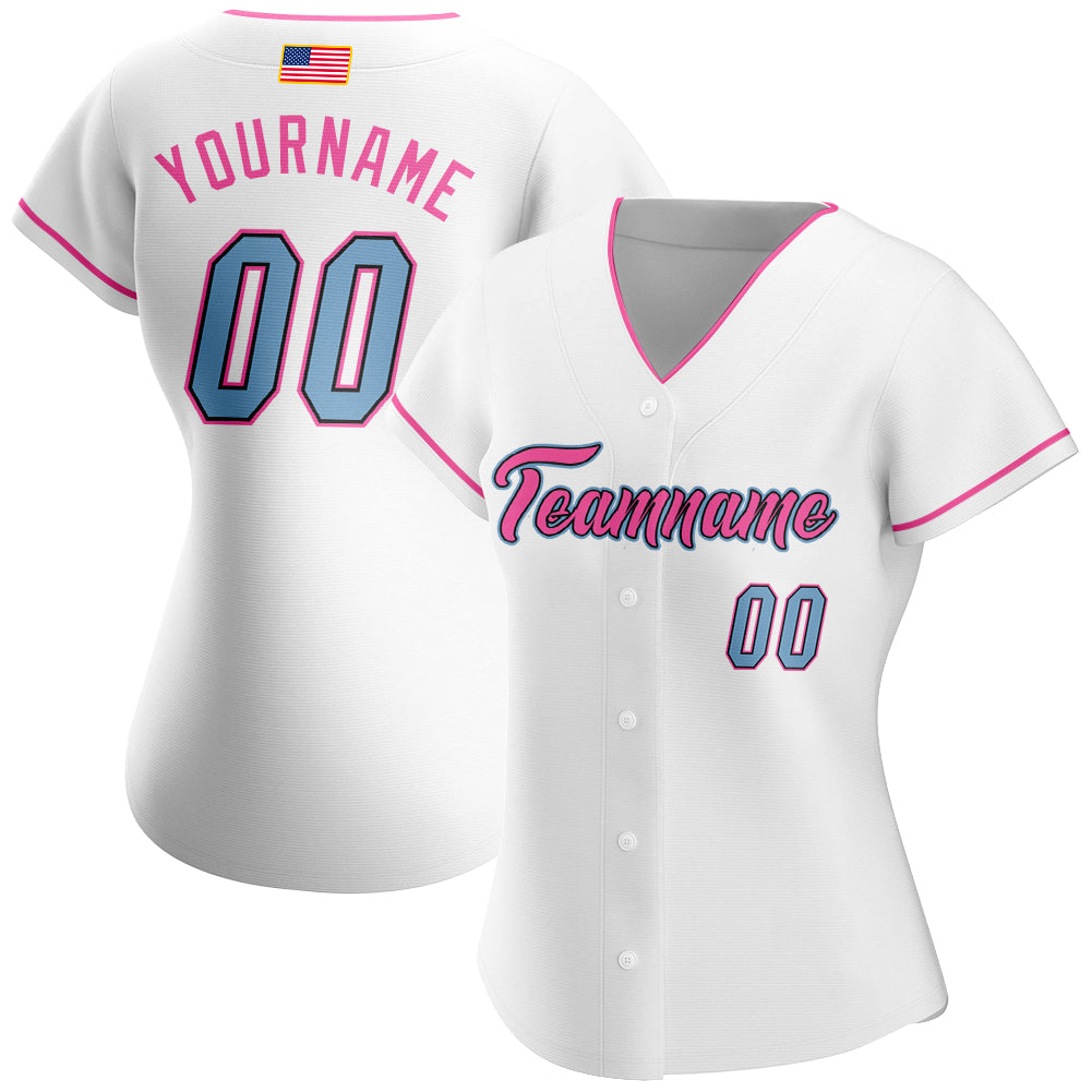 Custom White Light Blue-Pink Authentic American Flag Fashion Baseball Jersey
