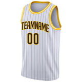 Custom White Brown Pinstripe Brown-Gold Authentic Basketball Jersey