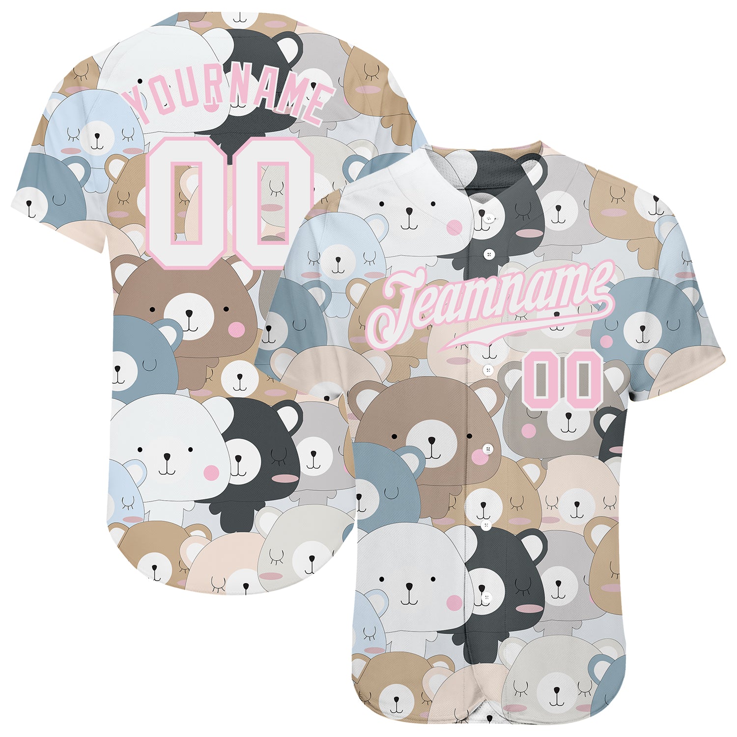 Custom White White-Light Pink 3D Pattern Design Teddy Bears Authentic Baseball Jersey