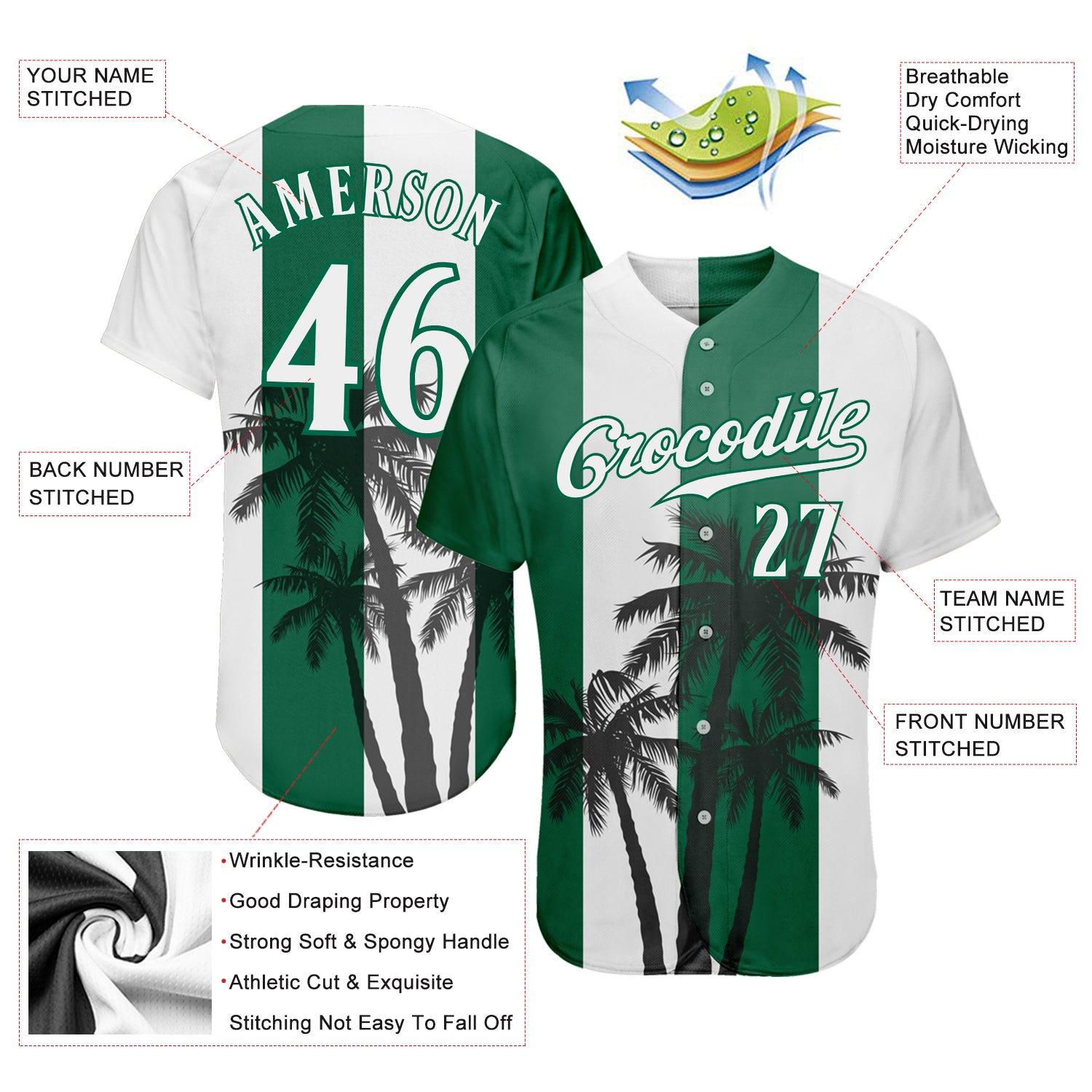 Custom White White-Kelly Green 3D Pattern Design Hawaii Coconut Trees Authentic Baseball Jersey