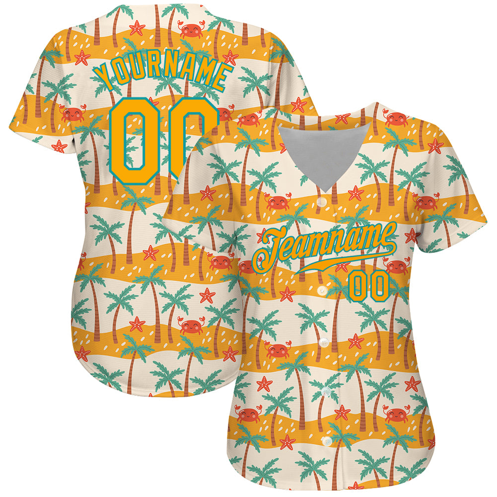 Custom White Gold-Teal 3D Pattern Design Hawaii Palm Trees Authentic Baseball Jersey