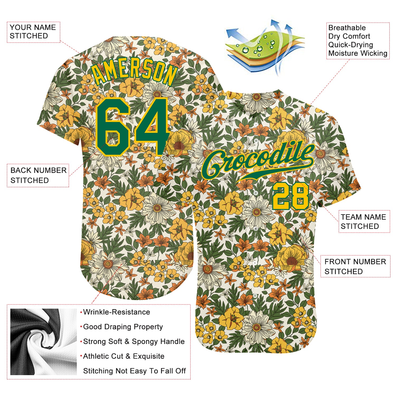 Custom White Kelly Green-Gold 3D Pattern Design Flowers Authentic Baseball Jersey